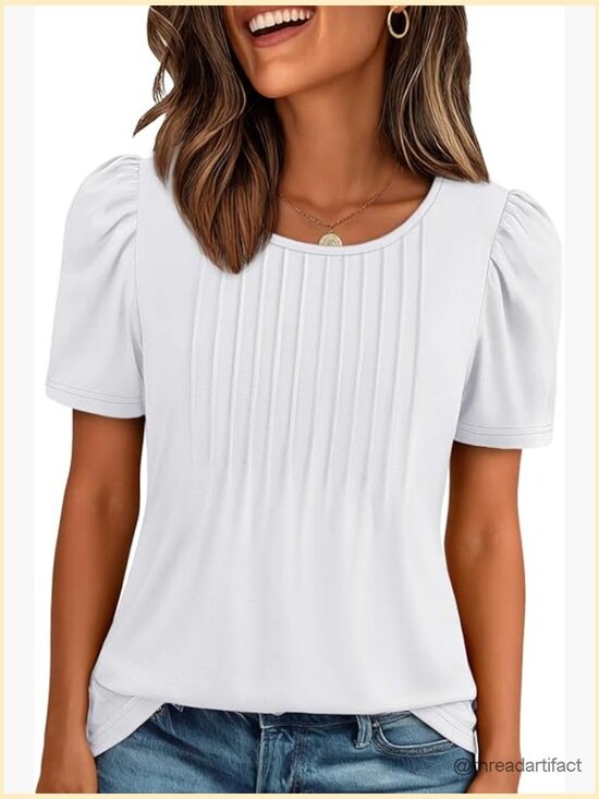 Tops - Pleated Short Sleeve Blouse - Dressy Casual Summer Top